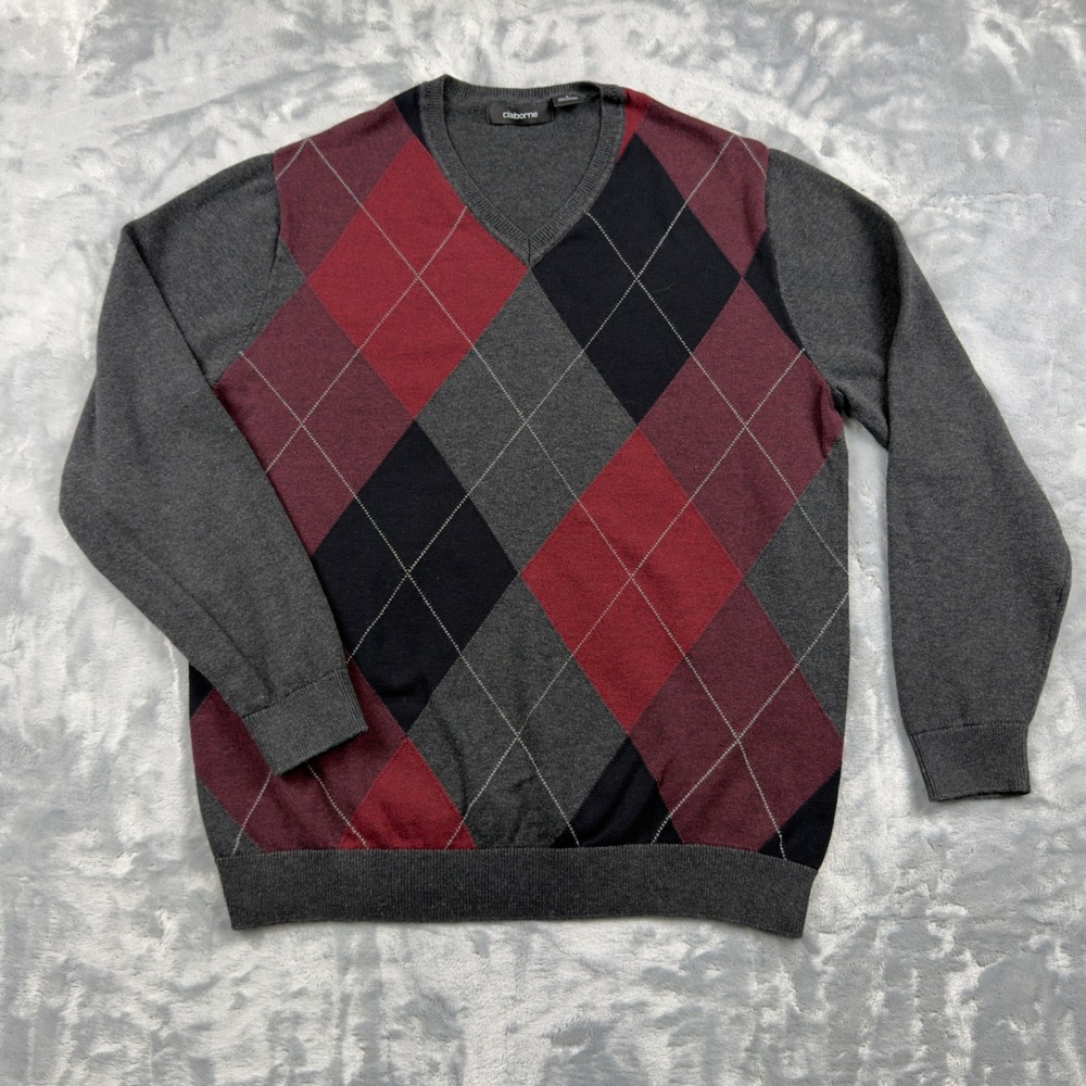 Claiborne Mens Argyle V-Neck Sweater Grey Burgundy Black Cotton Knit Small